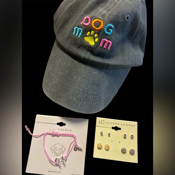 Light Gray Dog 🐶 Mom Baseball Cap, puppy bracelet & pink studded earrings, NWOT - Picture 1 of 5